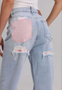 Jeans glitter zak rose